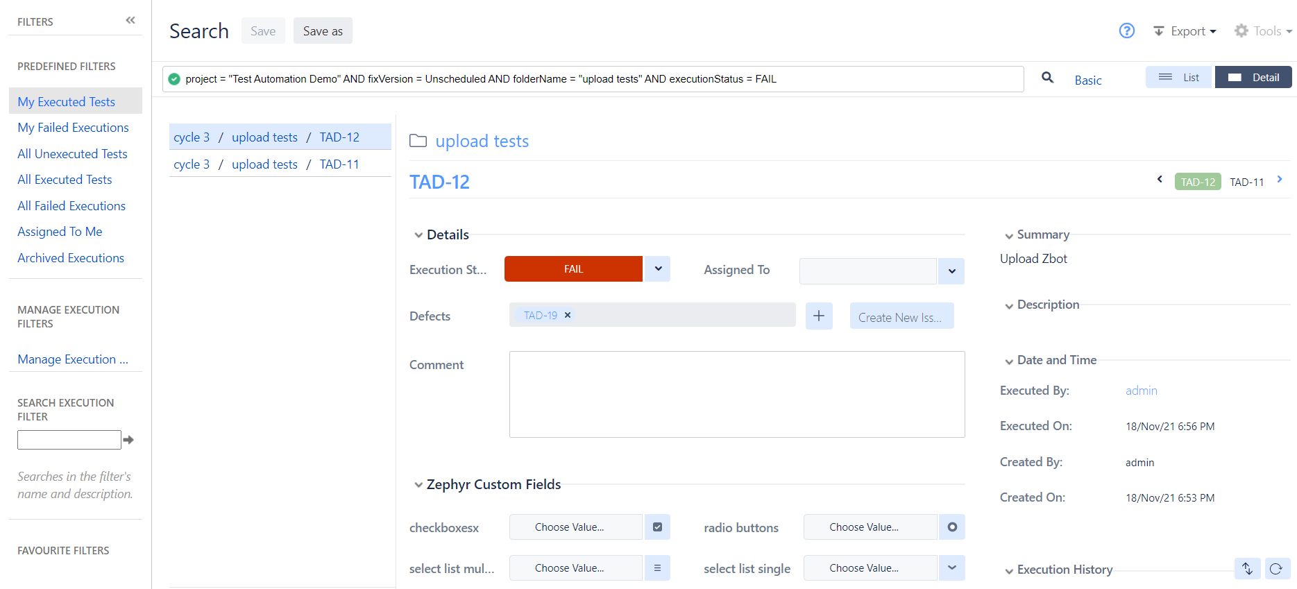 Search test executions advanced view Search test executions advanced view