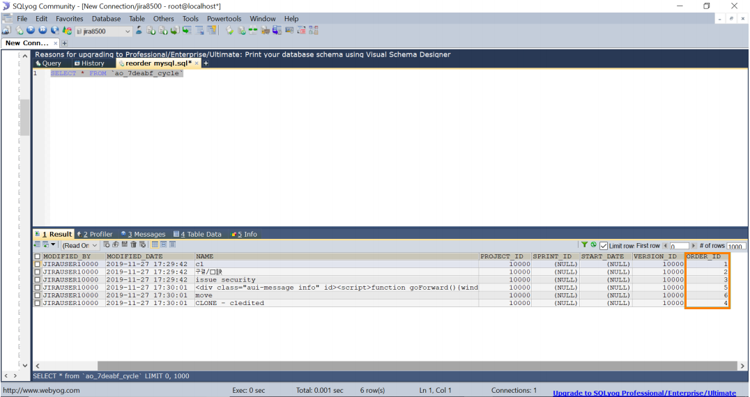 Order value with the database Order value with the database