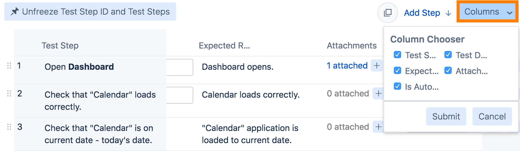 Test step column chooser Test step column chooser