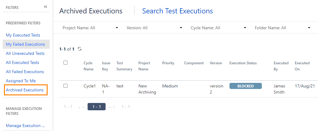 Archived executions filter Archived executions filter
