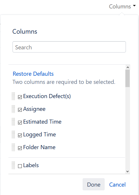Columns menu Columns menu