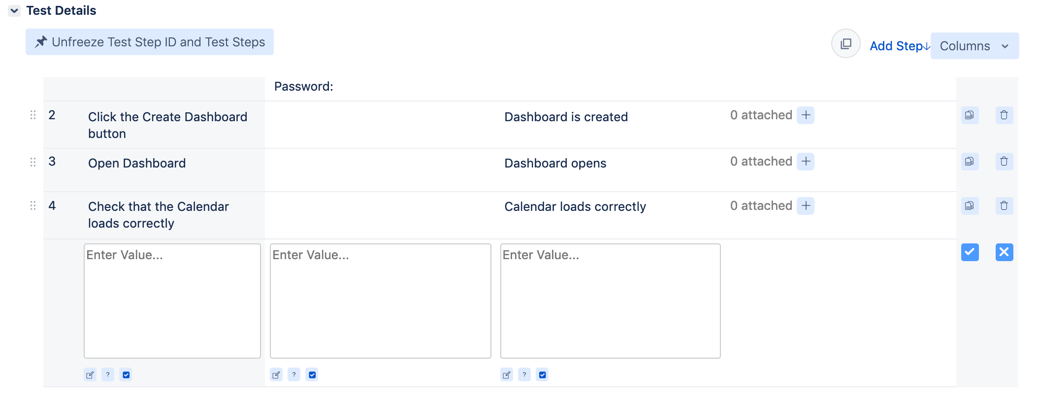 Unfreeze test steps columns Unfreeze test steps columns
