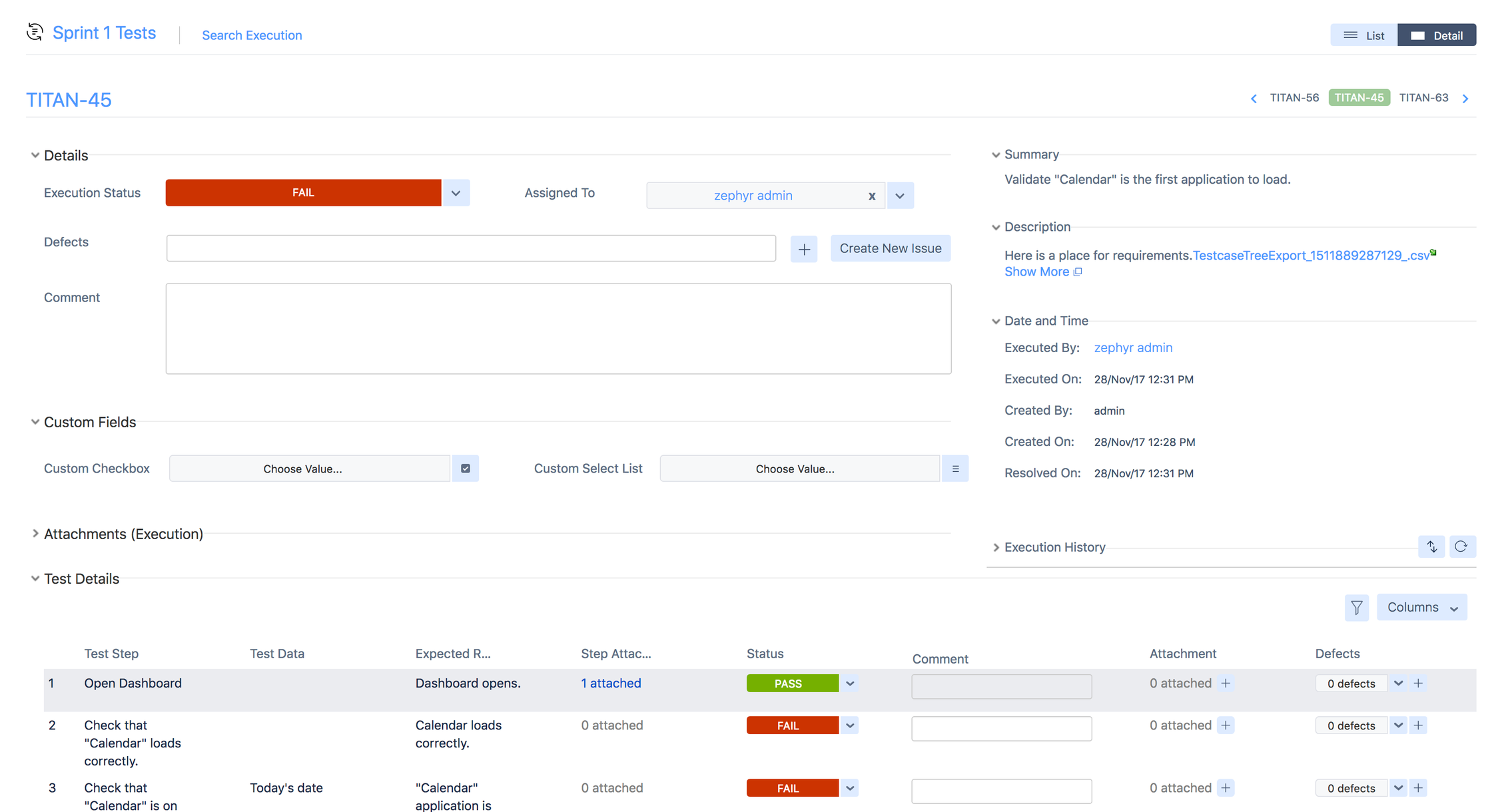 Test execution page Test execution page