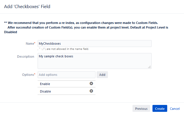 Add checkboxes field dialog Add checkboxes field dialog