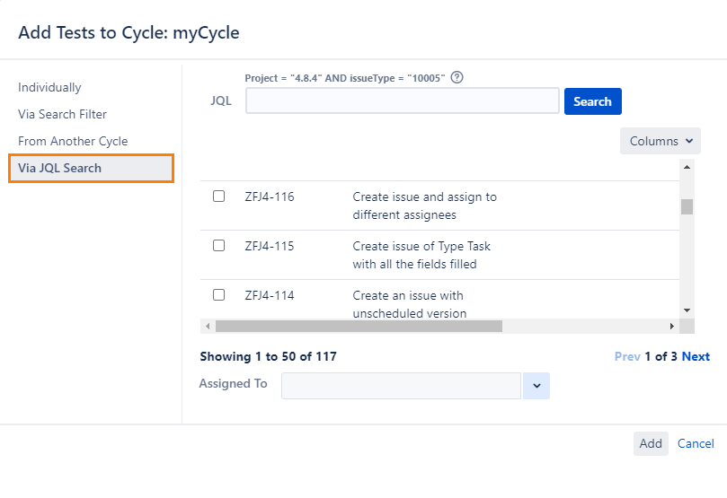 Add Tests to Cycle via JQL Search Add Tests to Cycle via JQL Search