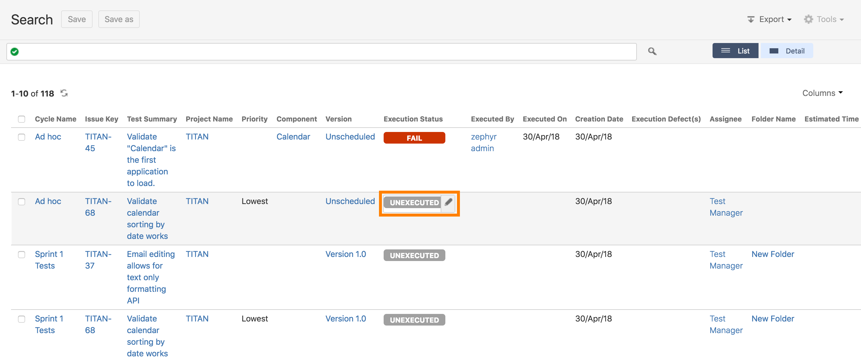Search test executions result Search test executions result