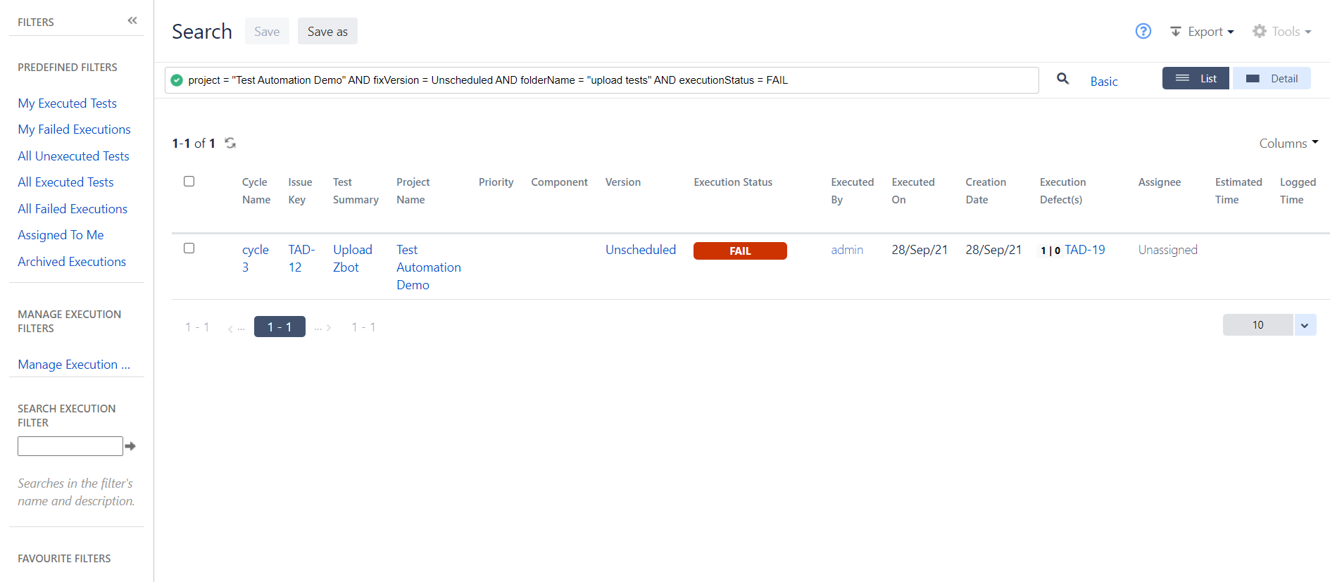 Test execution details Test execution details