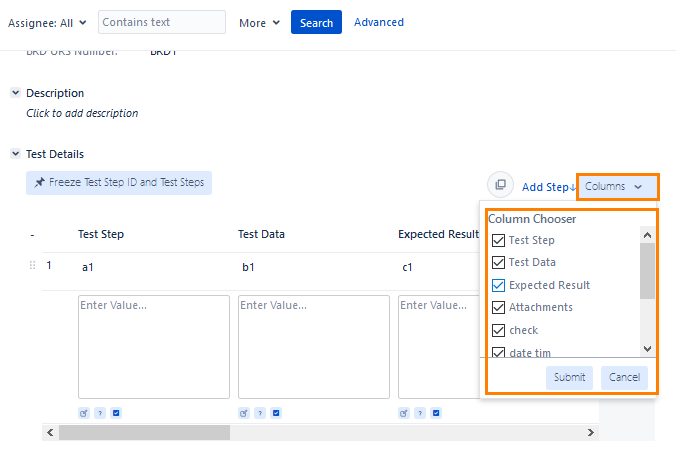 Test step columns Test step columns