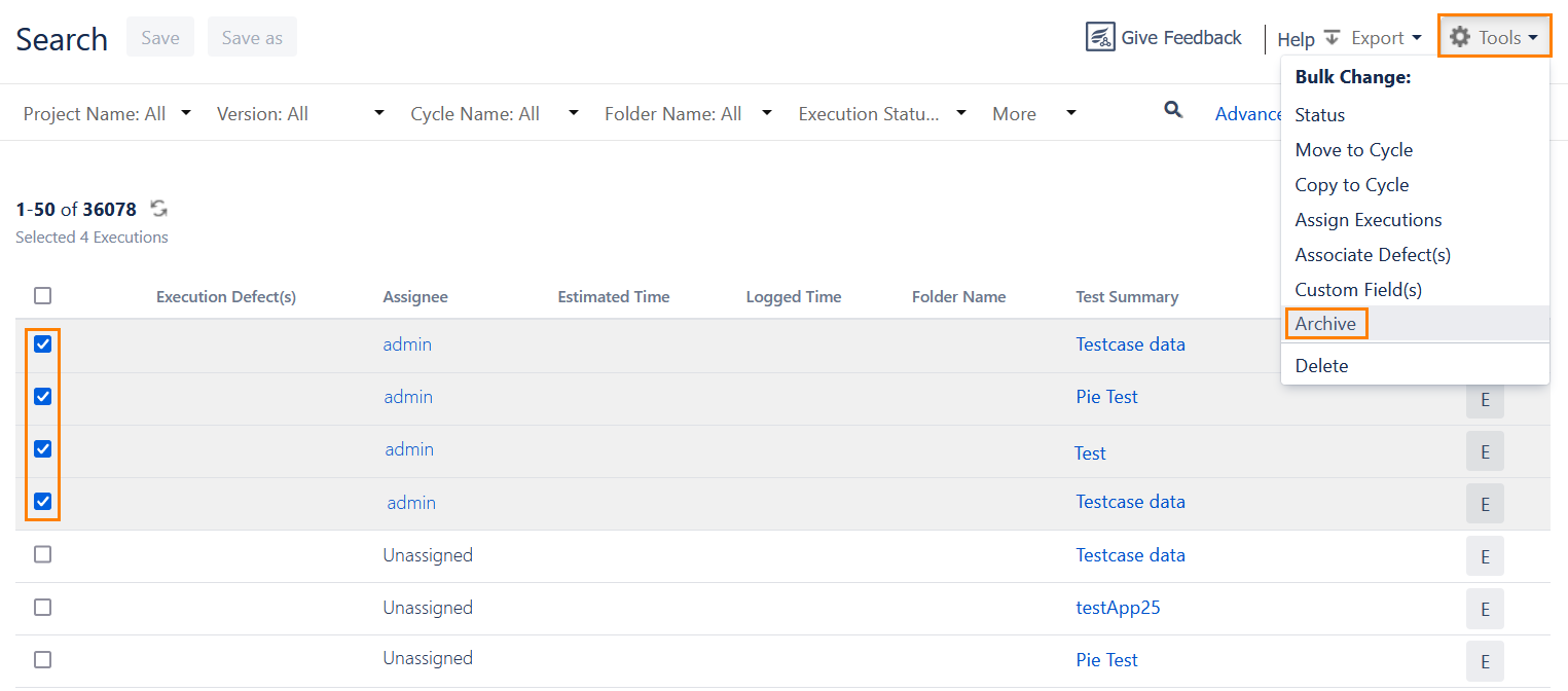 Archive Test Executions Archive Test Executions