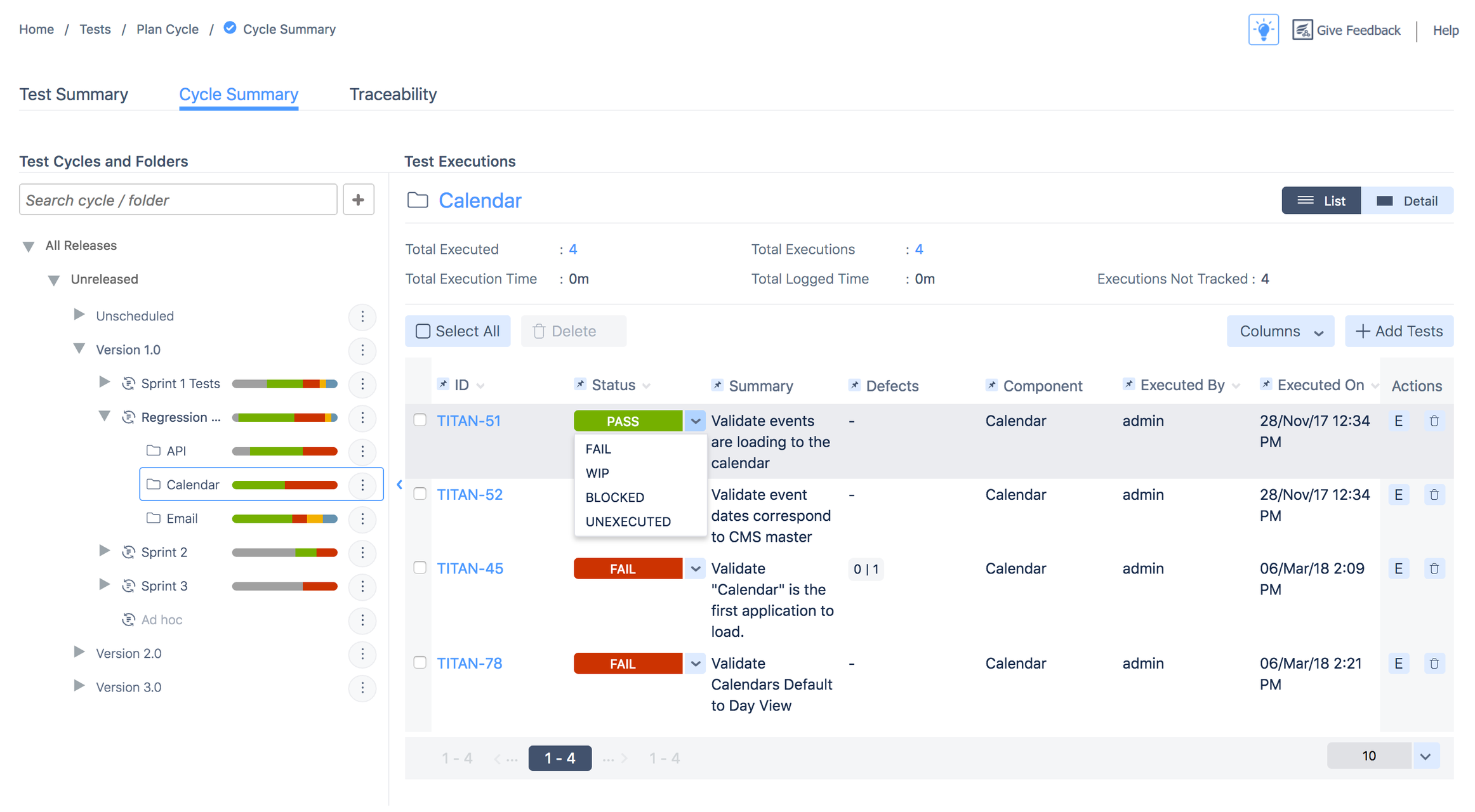 Test execution status dropdown menu Test execution status dropdown menu