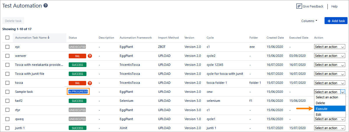 Execute task option Execute task option