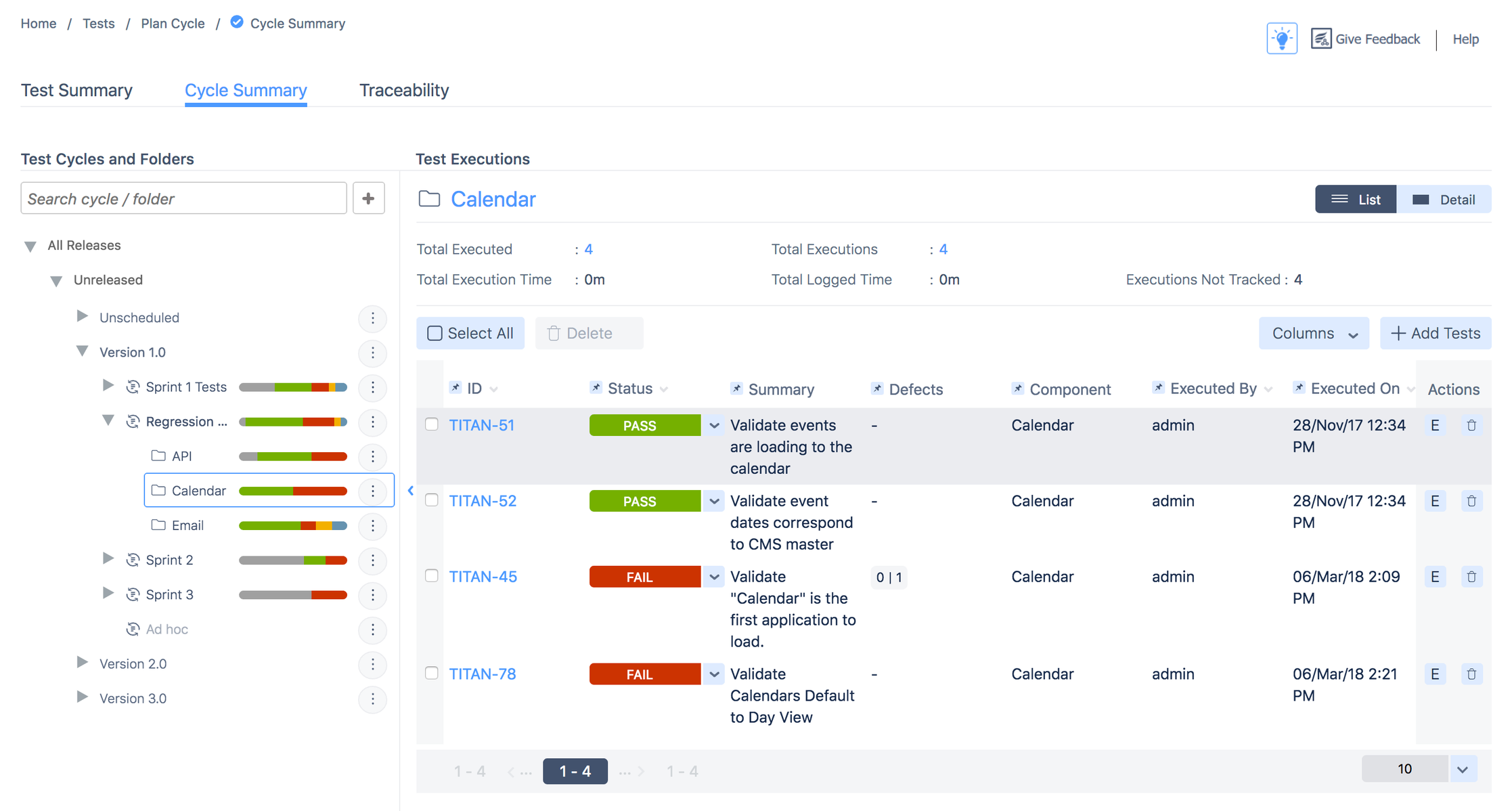 Test executions list Test executions list