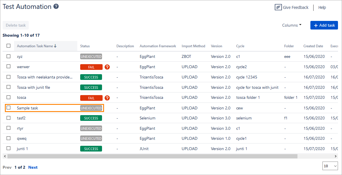 Unexecuted task status Unexecuted task status